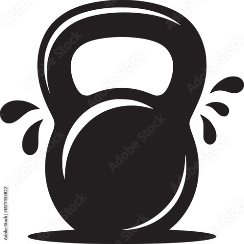 A black kettlebell with water droplets on a white background in a simple vector illustration