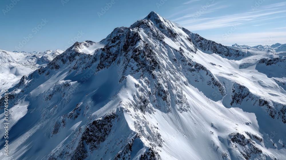 Naklejka premium A sweeping vista showcases a snow-capped mountain range under a clear, vibrant sky.