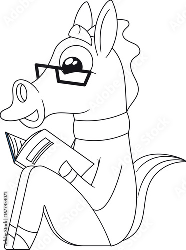 Black-and-white smart horse reading book