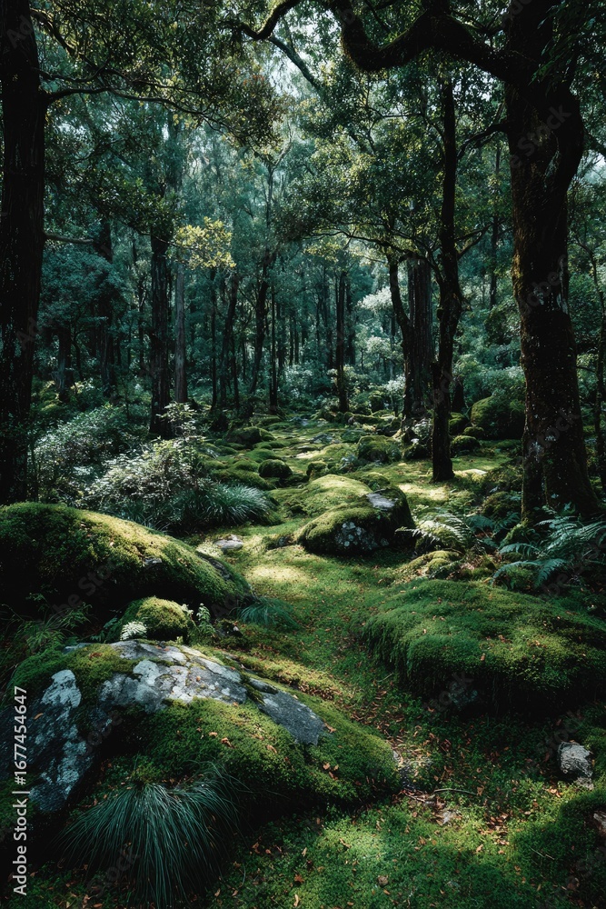 Fototapeta premium Lush forest path with moss and sunlight