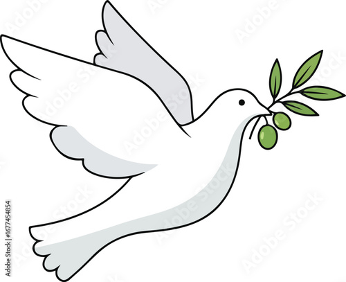 White dove flying with an olive branch in its beak, symbolizing peace and hope.
