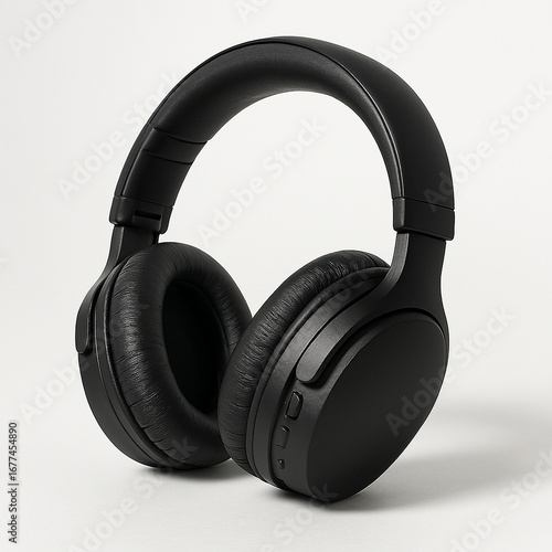 Realistic Black Wireless Headphones on White Studio Background