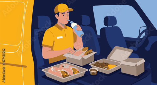 Delivery Driver Enjoying a Quick Break with Lunch