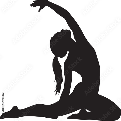 Silhouette of a woman in a yoga pose with one arm raised and one leg extended on a white background