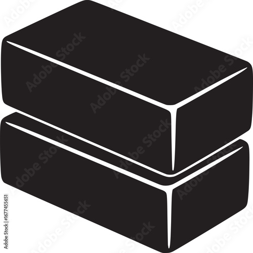 A minimalist illustration of two stacked black rectangular blocks on a white background surface plane