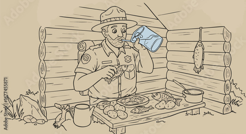 Illustration of a park ranger enjoying a rustic meal of fish and potatoes inside a simple log cabin shelter