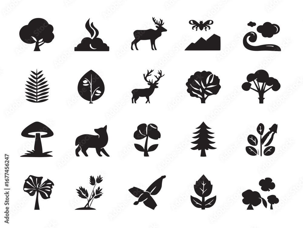 Naklejka premium Complete Ecosystem Icons Set in Bold Minimalist Silhouette Vector Illustration Style