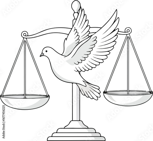 A stylized illustration of a dove perched on a balance scale, symbolizing justice and peace.