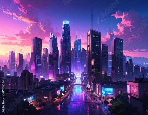 Futuristic city skyline at dusk