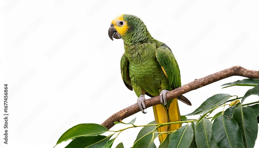 Obraz premium a green parrot with yellow tail feathers perches on a branch with a few leaves isolated on white background