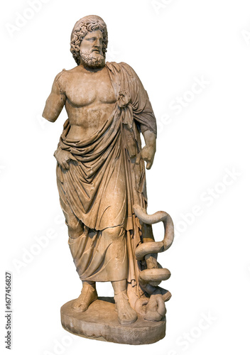 Statue of ancient Greek god of medicine and healing Asclepius, isolated
