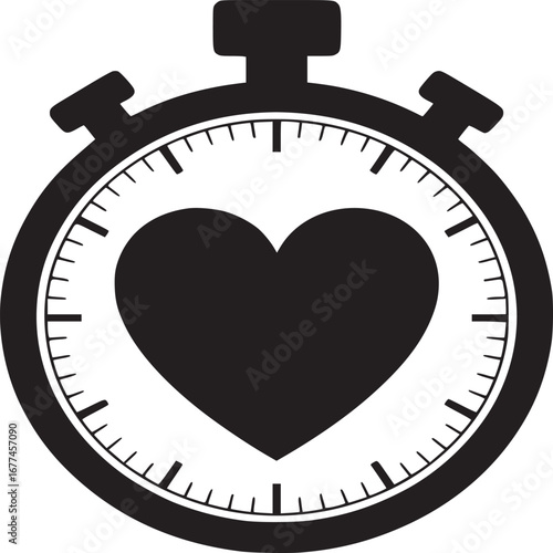 A black and white illustration of a stopwatch with a heart in the center on a white background
