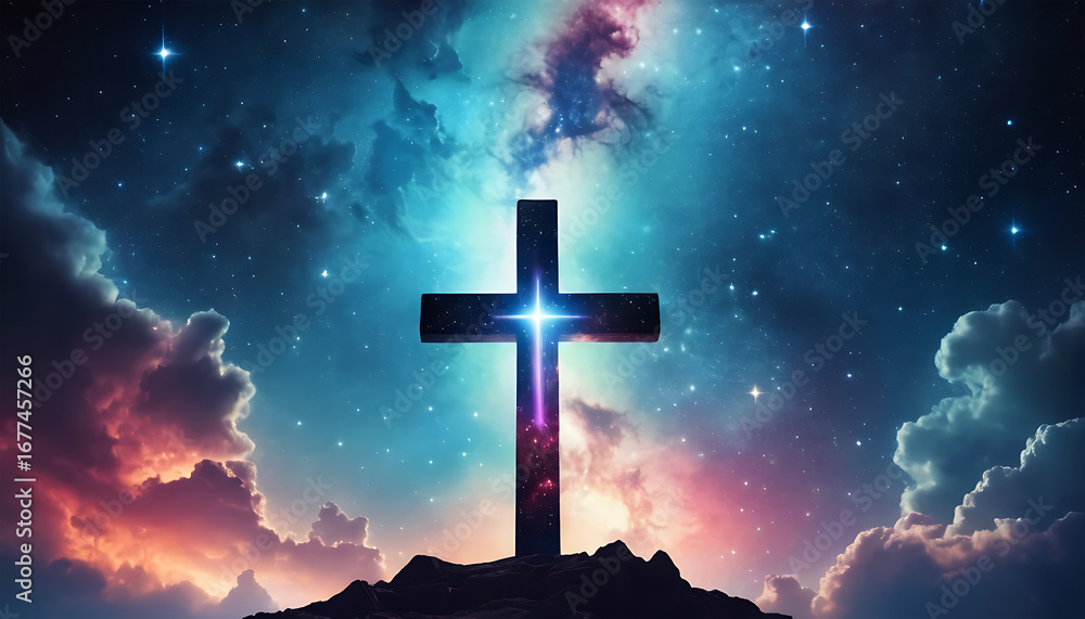 Fototapeta premium Bright Cross Silhouette in Cosmic Sky with Nebula and Stars