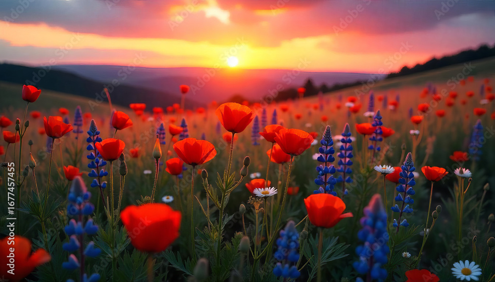 Fototapeta premium Field of red poppy flowers and blue lupines at sunset, with mountains in the background and a colorful sky