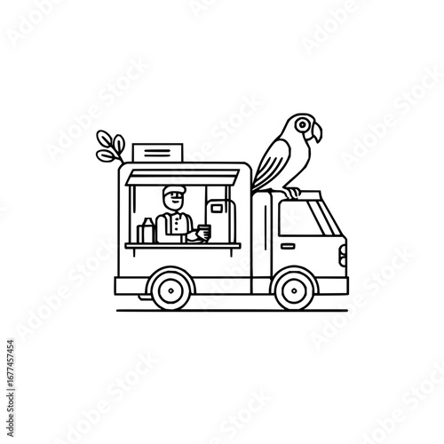 Line art illustration of a food truck with a parrot and vendor selling coffee and beverages vector