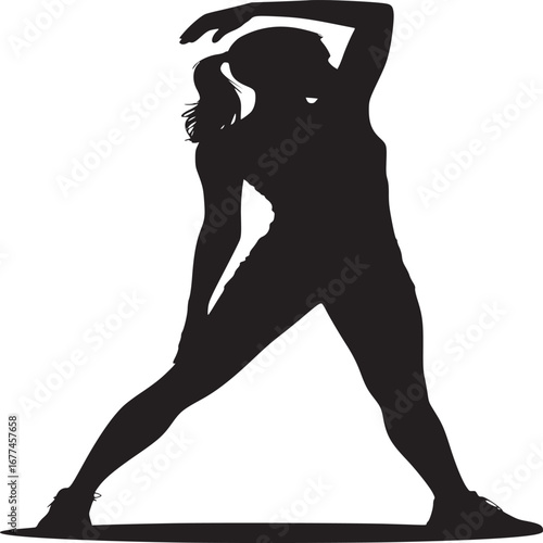 Silhouette of a woman stretching with one arm raised and legs spread on a white background studio shot