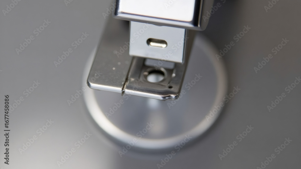 Fototapeta premium Close-up of a silver stapler on a gray surface, office supply