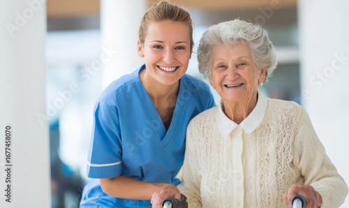 A smiling nurse in blue uniform assists an elderly woman using a walker.
