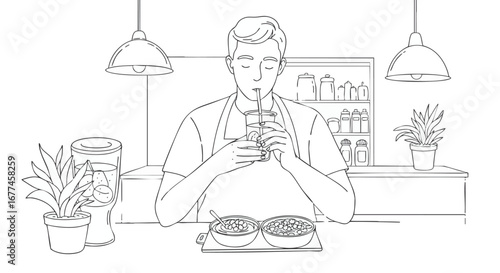 Simple line art illustration of a young man enjoying a nourishing smoothie and healthy breakfast bowls for a mindful morning routine
