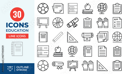 Back to School & Academic Success Line Icons: Sports, Grades & Learning