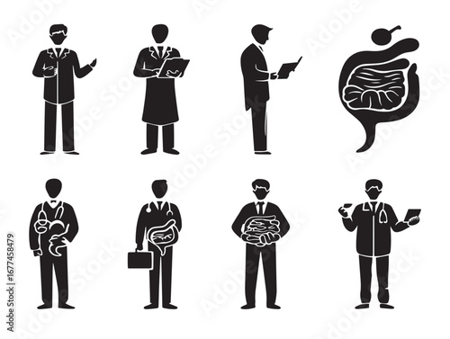 Attractive Gastroenterologist Doctor Stomach Icons Set for Professional Health Vector Illustration