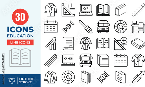 School Life & STEM Education Line Icons  Coding, Growth & Learning