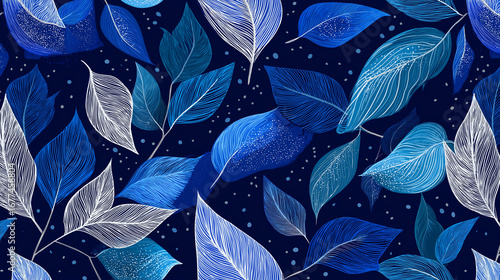 Diseño digital de hojas estilizadas en tonos azules y blancos sobre fondo azul oscuro con efecto estrellado, ideal para fondos decorativos, textiles modernos y arte gráfico elegante y minimalista.