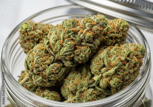 Close-up of dried cannabis buds tightly packed in a clear glass jar showcasing trichomes and aromatic green flower detail representing medical marijuana and cannabis cultivation.