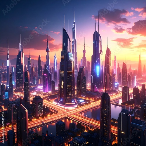 Futuristic cityscape at dawn