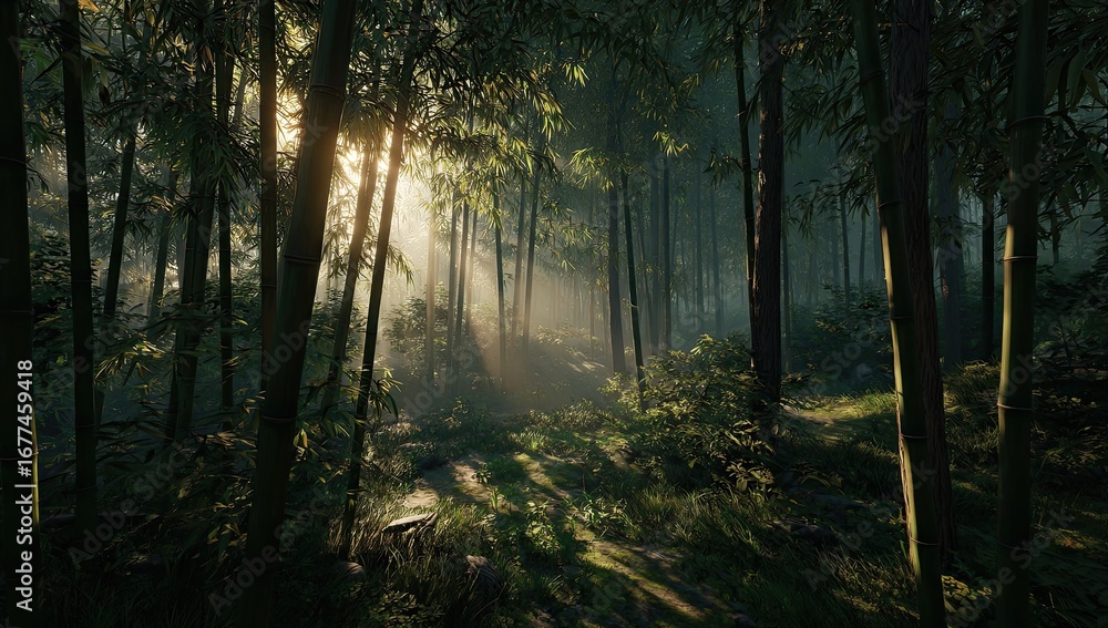Obraz premium Sunlit path through a dense bamboo forest