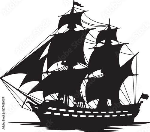 A detailed black-and-white silhouette of a classic three-masted sailing ship with full sails.