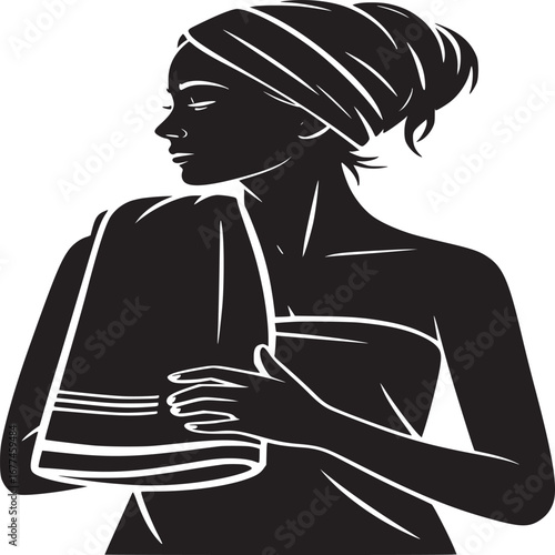 Silhouette of a woman with a towel wrapped around her head and body in black and white vector art
