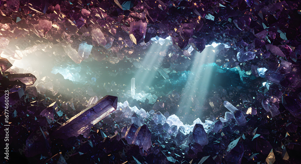 Naklejka premium Amethyst crystal cave light beams gemstone purple mineral geology fantasy background wallpaper art 3d render