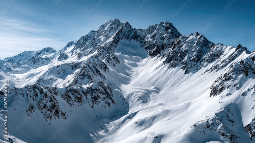 Obraz premium A vast, snow-covered mountain range stretches towards a clear blue sky, showcasing dramatic peaks and valleys.