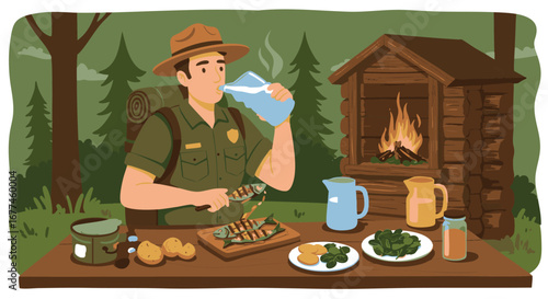 A park ranger enjoying a rustic meal of grilled fish at a campsite table with a forest cabin behind him