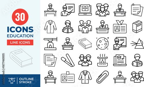 Academic & Learning Process Line Icons: Lecture, Research & Student Life