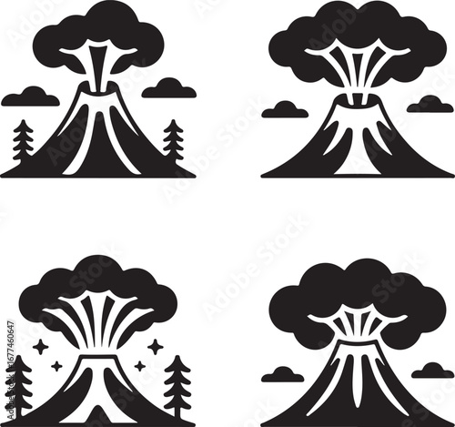 A set of four bold volcano and eruption vector icons with smoke, clouds, and trees.


