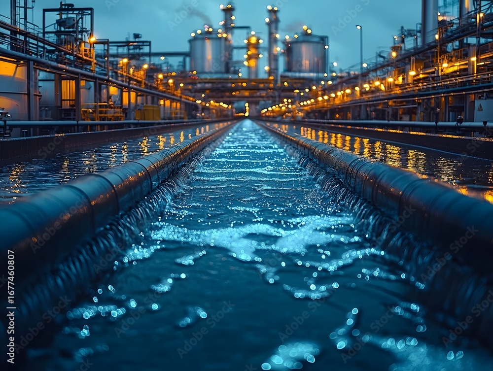 Obraz premium Glowing industrial canals carrying clean water through a smart city