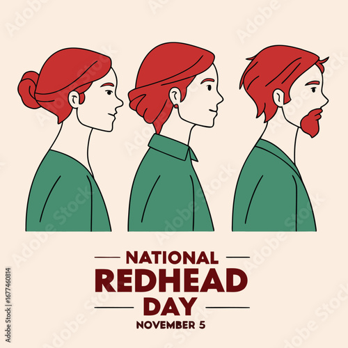 Three people with red hair in profile view with National Redhead Day November 5 text illustration graphic