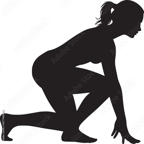 Silhouette of a woman in a starting position with her hands on the ground and a ponytail hairstyle