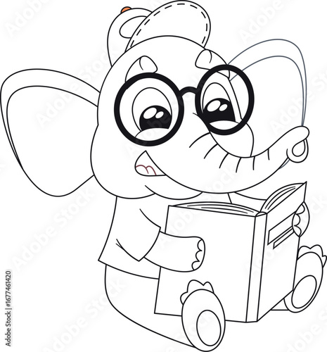 Black-and-white zoo elephant reading book