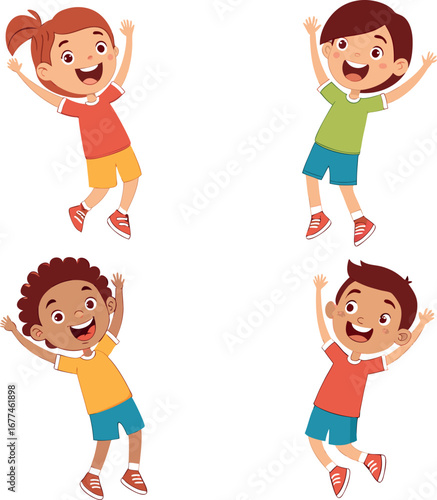 Four joyful children leaping in the air celebrating with energetic movement and bright colors