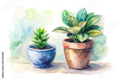 Watercolor House Plants in Ceramic Pots