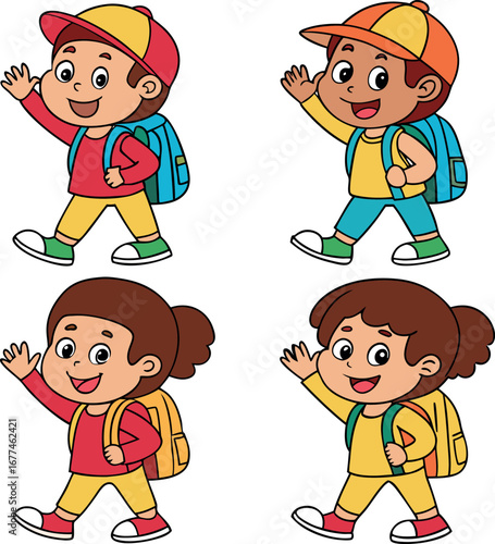 Four diverse cartoon children happily carrying school bags and books together