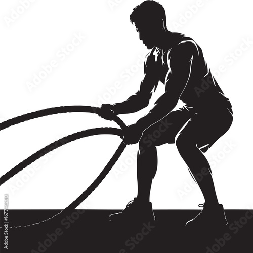 Silhouette of muscular man performing battle ropes exercise against a white background in a gym