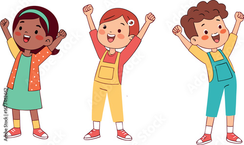 Four diverse children celebrating with raised fists in a joyful victory pose