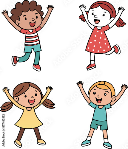 Diverse group of four children showcasing different hairstyles and clothing styles