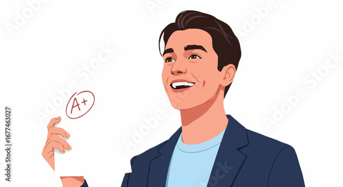 Happy male student excitedly holding an exam paper with an A+ grade on a white background