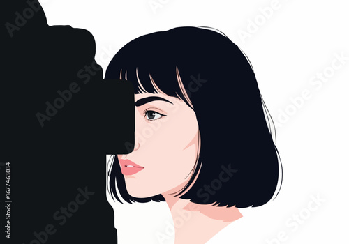 Woman with a bob haircut and bangs looking through a camera viewfinder on a white background