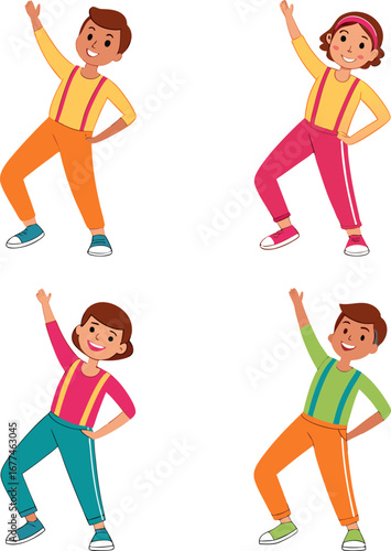 Four diverse friends joyfully performing energetic and silly dance moves together on a clean white background